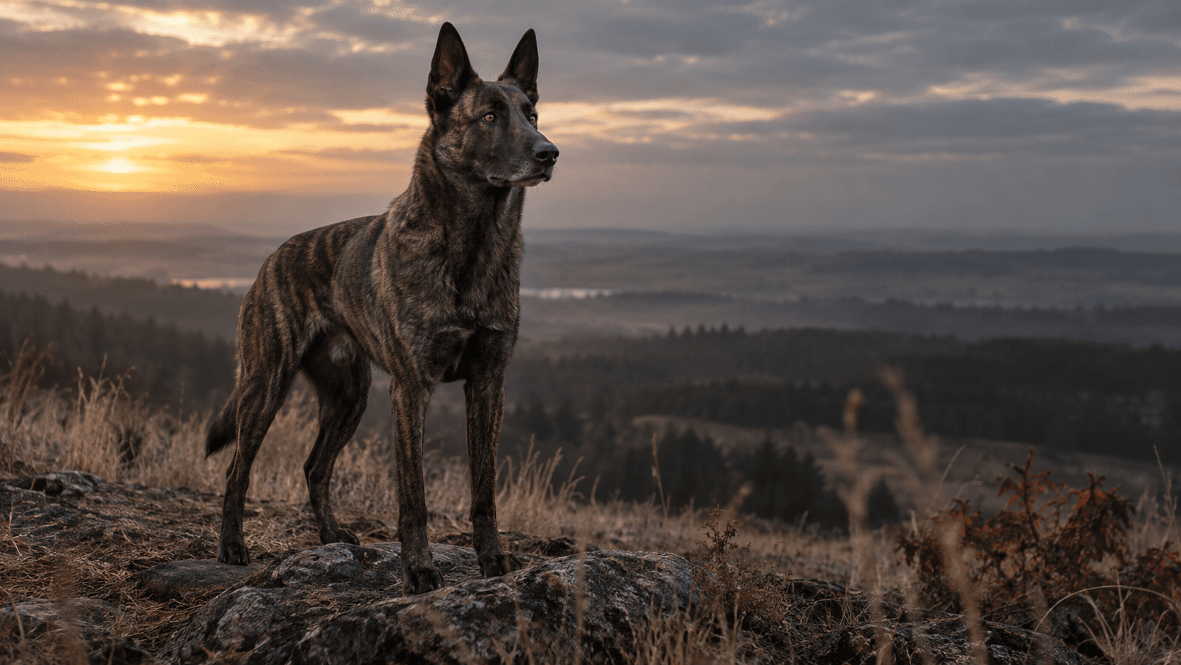 Dutch Shepherd standing in a dramatic open landscape